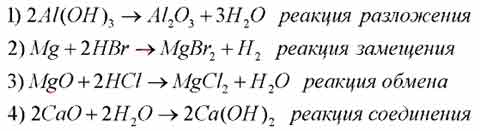 Замещение разложение химия. Типы реакций. Реакции соединения разложения замещения и обмена. Типы реакций разложения замещения обмена. Укажите типы всех реакций..
