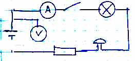 Нарисуйте схему электрической цепи состоящей из источника тока ключа лампочки амперметра вольтметра