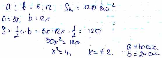 площадь прямоугольного треугольника равна 120 см2